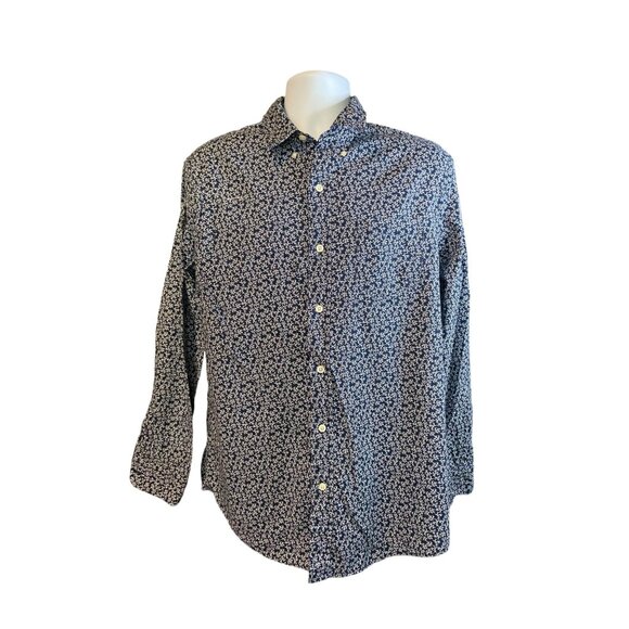 Chaps Mens Large Navy White Coral Print Long-Sleeve Button-Down Shirt Preppy - Picture 2 of 6